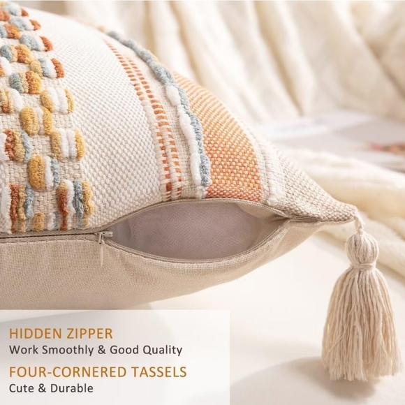 Boho Throw Pillow Covers 18x18 Set of 2‎ Woven Tufted Farmhouse Pillows Cover - Picture 3 of 4